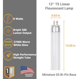 Diodesy- Pack of 10 F8T5/WW T5 Linear Fluorescent Light Bulb, Under Cabinet Light Bulbs, Warm White 2700K, 8W, Fluorescent Lamp, G5 Mini Bi Pin Base, ROHS Compliant, High Performance Straight Tube