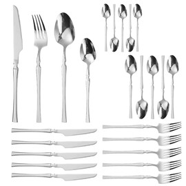 Juego de Cubiertos de 24 Piezas,Incluye Cuchillos,Tenedores y Cucharas de Acero Inoxidable,Set de Cubiertos para Cocina, Restaurante,Apto para Lavavajillas(Plateado)