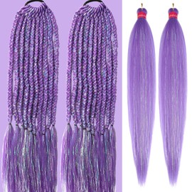 Lavender Purple with Tinsel Braiding Hair Pre Stretched 2 Packs 26 Inches Kanekalon Box Braids Hair Extensions Synthetic Pre Stretched Braiding Hair