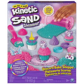 Kinetic Sand, set de juego Tienda de pasteles de unicornio, 453 g de Kinetic Sand (turquesa y rosa), 8 herramientas de unicornio, juguetes sensoriales para niños y niñas a partir de 3 años