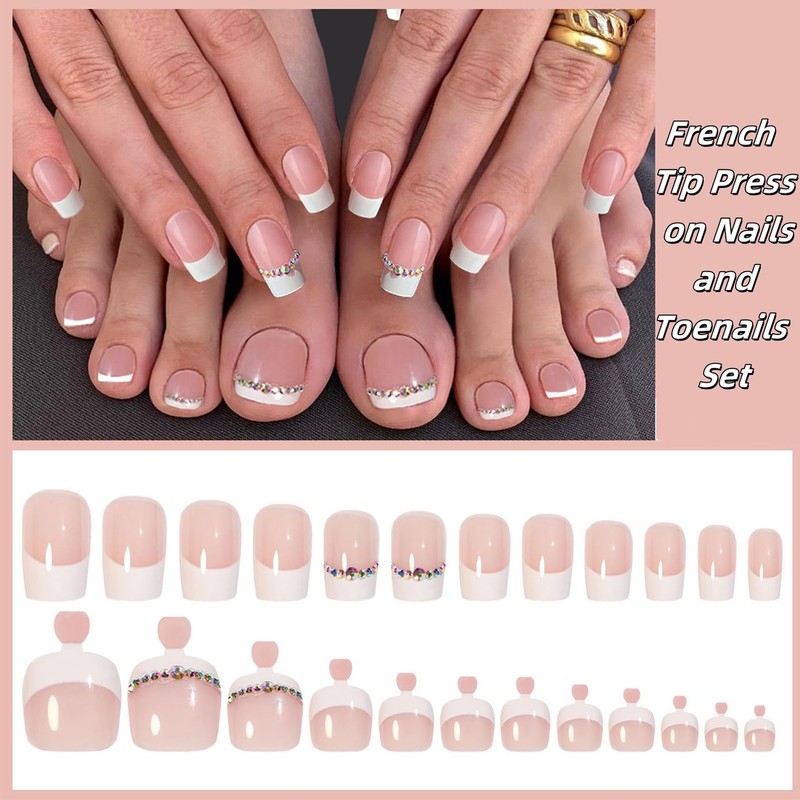 48 Pieces French False Nails for Sticking with Diamonds and