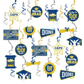 18 PCS Blue and Gold Graduation Decorations Class of 2025, Graduation Hanging Swirls Blue and Gold Congrats Grad Hanging Swirl for Party Supplies