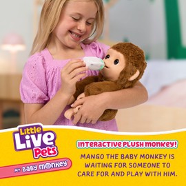 Little Live Pets My Baby Monkey Mango, 50+ Sounds and Reactions, Plush Interactive Monkey Toy Set with Accessories, Interactive Pets for Kids Ages 4+