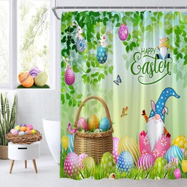 Easter Shower Curtain Green Watercolor Leaves Cute Gnome Elf Colorful Easter Eggs Happy Easter Spring Holiday 70" WX70 H Bathroom Decor Fabric Curtain with Hooks