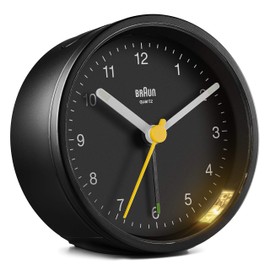 Braun Classic Analogue Clock with Snooze and Light, Quiet Quartz Movement, Crescendo Beep Alarm in Black, Model BC12B, One Size
