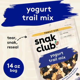 Snak Club Yogurt Trail Mix with Raisins, Peanuts, Dried Dates, Yogurt Chips, Cashews, and Almonds, Gluten-Free and Kosher Snack, 14 oz Resealable Bag