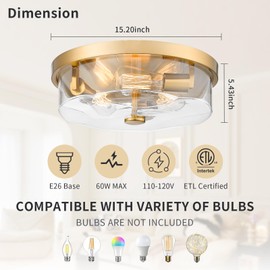 Luminzone Gold Flush Mount Ceiling Light, 3-Light Hallway Light Fixtures, Modern Farmhouse Farmhouse Ceiling Light Clear Glass Brushed Gold Finish for Kitchen Porch Entryway