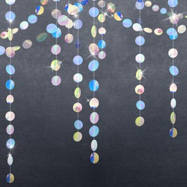 GCQQ 52Ft Iridescent Party Decorations, Holographic Circle Garlands, Sparkly Iridescent Hanging Streamers Garlands for Mermaid, Disco, Bachelorette Decor