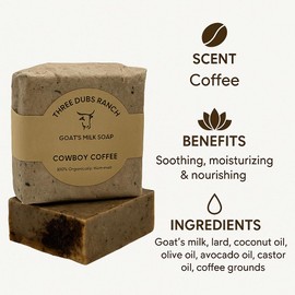 Three Dubs Ranch Cowboy Coffee: Handmade All-Natural, Goat Milk Soap Bars made with Tallow, For Hands & Body. Dark Coffee scented Soap Bars. Made in Texas. (3.5 oz Bar 3 Pack)