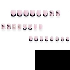 24 Pcs French Tip Press on Nails with Charms Medium Fake Nails Black White French Nails Press ons Cute Star Heart Pearl Nails Full Cover Stick on Nails Square Shape Acrylic Nails for Women Girls