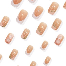 KTAABTR Flowers Press on Nails Medium Square Nails, French Tip Fake Nails with Glue Nude Acrylic Nails Design Orange Flowers Stick on Nails for Women Girls DIY Manicure 24Pcs Glossy False Nails