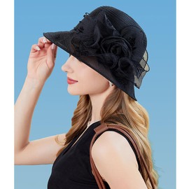 KORADI Women Organza Sun Hat Fascinators Bucket Bowler Hat for Tea Party Bridal Wedding Church Dress Hat Wide Brim Sun Cap(Black15)