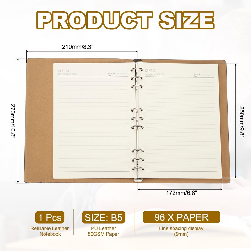 PATIKIL B5 Refillable Leather Notebook, 9 Ring Hardcover Binder Notebook