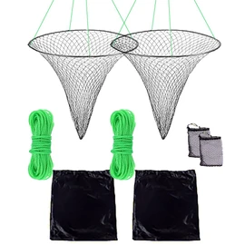 2-Pack Foldable Fishing Drop Nets - Soft Steel Hoop & Nylon Mesh Nets with Rope for Bridge/Pier Fishing, Comes with Storage Bag and Bait Bag (Easy Storage)