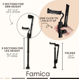 Famica Crutch for Adult (x1 Unit, Open Cuff) - Adjustable Ergonomic Handles, Cuff, Height, Foldable, Lightweight and Non-slip Forearm Crutches