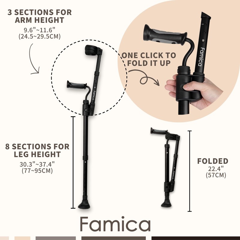 Famica Crutch for Adult (x1 Unit, Open Cuff) - Adjustable