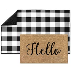 WinnerWhy 2 Pcs Buffalo Plaid Front Porch Mat Door Mat Imitation Coco Coir Hello Front Porch Rug for Farmhouse Outdoor Indoor Entrance Decor(Hello)