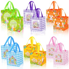 12Pcs Happy Easter Gift Bags, Easter Non-woven Bags with Handle, Reusable Easter Goodie Bags for Kids, Treat Bags Rabbit Bunny Waterproof for Gifts Wrapping, Egg Hunt Game, Easter Party Supplies