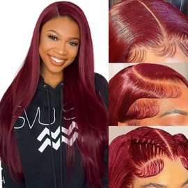KLPKLP 99j Burgundy Lace Front Wigs Human Hair Pre Plucked 13x4 Straight HD Lace Front Wigs Human Hair 180% Density Glueless Red Colored Frontal Wigs Human Hair for Women with Baby Hair 24 Inch