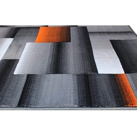 Modern Geometric Abstract Boxes Squares Orange Grey Black Carpet Bedroom Living Room Contemporary Dining Accent (5’ 3” X 7’ 5”)