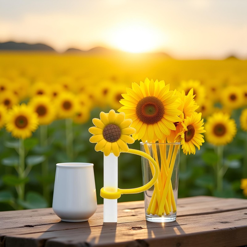 Reusable Silicone Sunflower Straw Plugs, Drinking Straw Covers and Dust
