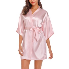 Wikoan Women's Satin Dressing Gown, Soft Silk Robe Lightweight Sleepwear for Bridal, Wedding Party Robes with Oblique V-Neck,XXL,Pink