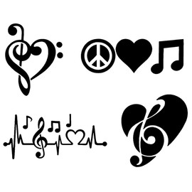 Music Decals 4 Pack: Treble Bass Clef Heart, Music Heartbeat, Peace Love Music (Black, Small ~3.5")