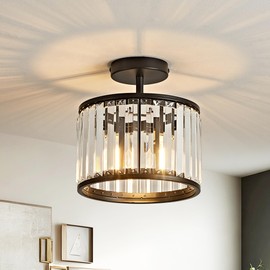 OKELI 9.8" Small Crystal Chandelier Semi Flush Mount Ceiling Light, Modern Black Round Crystal Chandeliers Ceiling Lights Fixture for Hallway Bedroom Living Room E26