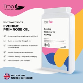 Troo Health Care Troo Health Care Troo Vegan Evening Primrose Oil Capsules 1000mg - 90 Softgels in Convenient Daily Omega Supplement - Provides GLA & Vitamin E - Cold Pressed - Made in United Kingdom to GMP Standards