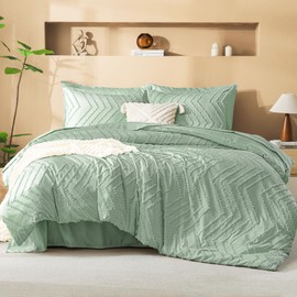 Litanika Super King Size Comforter Set with Sheets Sage Green - 7 Pieces Bed in a Bag Oversized King Boho Tufted Complete Bedding Sets with Comforter, Sheets, Pillowcases & Shams