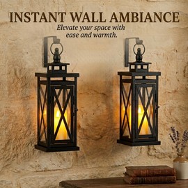 TRIROCKS Set of 2 Deacorative Candle Lantern 11'' High Metal Candle Holder Hanging Lanterns with Tempered Glass Perfect for Indoor Outdoor Home Decor Parties Garden Events Wedding (Black)