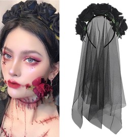 Black Veil Headband Halloween Costume For Girls Women Black Veils For Women Funeral Gothic Flower Headbands Headpieces For Women Balck Rose Veil Headband Hair Accessories For Halloween Cosplay Party