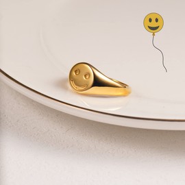 Joliernelle Women's Ring Smiley Gold Stainless Steel Signet Ring Gift for Women/Girls Size 52 to 62, Non-precious metal, Cubic Zirconia