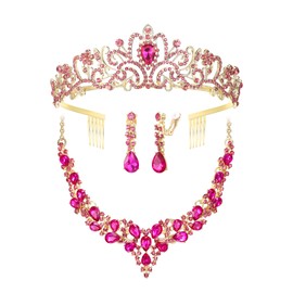 BriLove Jewelry Clip-on Earrings Statement Necklace Elegant Princess Tiara Crowns Set Sparkling Austrian Crystal Teardrop Cluster Jewelry Set for Wedding Party Prom Accessories Hot Pink Gold-Tone