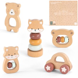 Freniland Wooden Montessori Toys, 5-Piece Wooden Baby Toys, Bear Wooden Baby Rattle, Fox Stacking Ring,Wooden Car Push and Pull Toys, Bear Grasping Toys,Newborn Baby Gift Sets for Boys and Girls