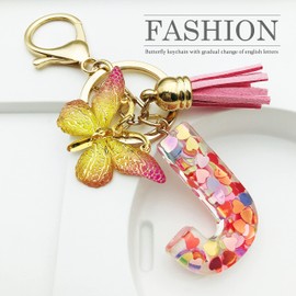 JINGUAZI Initial letter Keychains for Women Tassel Butterfly Pink Cute Car Keychain for Wallet Purses Backpack (Pink J)