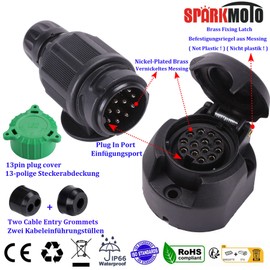 SPARKMOTO 13 Pin Trailer Plug and 13 Pin Trailer Socket,12V 13 Pin Trailer Plug Socket Tow bar Towing Trailer Light Connector, Trailer Plug Socket For Trailer RV Cars Caravan Adapter Connector (Short)