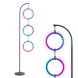 Brightech Nova Modern Color Changing Floor Lamp - LED Lamp with Stunning RGB Color Gradient and Contemporary 3-Circle Ring-Style Pendant - Corner or Over-The-Couch Arching Pole Standing Lamp - Black