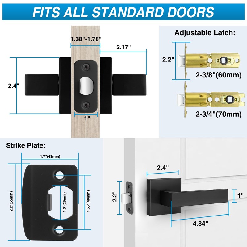 Plustool 6 Pack Matte Black Door Handles, Passage Door Levers