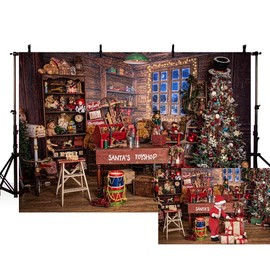 MEHOFOND 7x5ft Christmas Backdrop Santa's Toyshop Photography Background Vintage Rustic Wooden House Winter Night Cottage Gift Xmas Tree Family Holiday Party Decoration Portrait Photo Studio