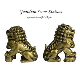 ILEWEI Guardian Lions Statues Beijing Foo Dogs Statues Feng Shui Wealth Protection Figurine Table Art Home Decor Gifts Collectible (Bronze)