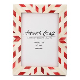 Artwork Craft Bone Photo Frame Aztec Pattern Inspired Vintage Table-Top/Wall Décor Chevron Art Boho Picture Frames (5x7 Inches, Red)