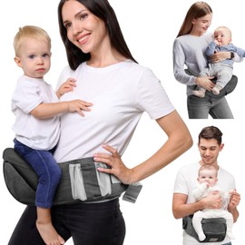 SNOOZYNEST Baby Hip Seat Carrier, Adjustable Waistband with 3D Abdominal Support & Various Pockets Ergonomic Carrier for Newborns to Toddlers up to 33 lbs Medium Dark Grey