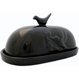 JBK Pottery Hummingbird Butter Dish - Black (Large Capacity) Fits East or West Coast Butter! Large enough to hold 2 sticks of butter.