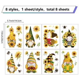 CRASPIRE 8 Sheets 8 Styles Sunflower Window Stickers Spring Theme Gnome Stickers Window Clings Wall Decor Decals for Fridge Bedroom Living Room Kitchen Store Showcase Wall Decorations