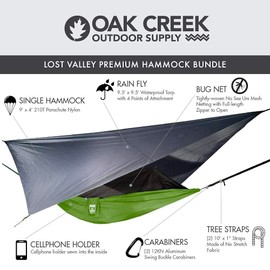 Oak Creek Camping Hammock and Accessories. Complete Package with Mosquito Bug Net, Rain Fly, Tree Straps. Great for Hiking, Backpacking, and Travel. Weighs Only 4 Pounds. Kiwi Green and Gray.