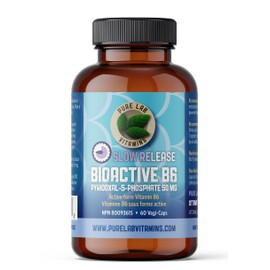Pure Lab Vitamins - B6 Bioactive Supplement - 60 Vegan Caps - Promotes Healthy Metabolism, Supports Serotonin Synthesis & Immune System, Helps with Pregnancy Nausea - Slow Release - Gluten & Sugar Free