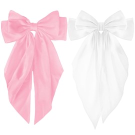 2PCS Silky Satin Big Hair Bows Barrettes, Hair Ribbons Oversized Long Tail Large Hair Bow Hair Clips, Metal Hair Clips Bowknot Hair Accessories for Women Girls (Pink+White)