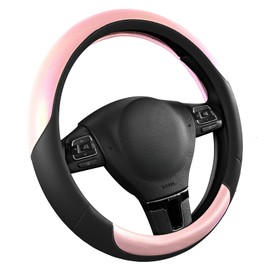 Road Comforts Steering Wheel Cover – Breathable Leather Steering Wheel Cover, Anti-Slip Grip, Universal Fit 14.5” to 15”, Heat & Cold Resistant for Cars, SUVs, and Trucks – Black & Pink