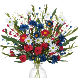 VirtuGro Patriotic Artificial FlowersRed White and Blue Flowers 4th of July Flowers Silk Flowers Arrangement for Memorial Day Independence Day Home Party Centerpiece Vase Decor (4PCS)